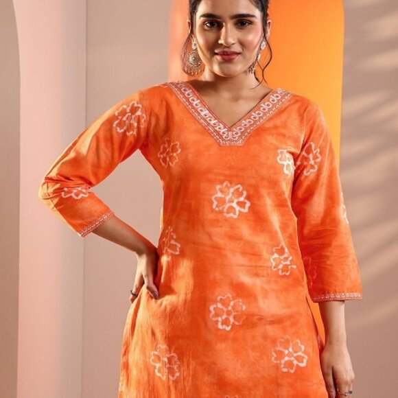 Orange & White Printed Kurta Set with Trousers & Dupatta – Cotton Blend S-2XL - Picture 3 of 7